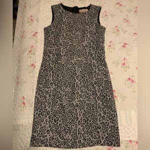 Grey and black fitted work dress.